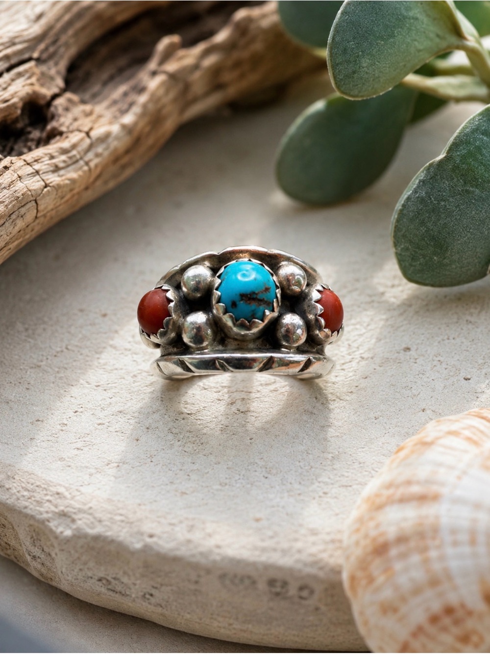 925 STERLING SILVER TURQUOISE CORAL ARTISAN SIGNED NAVAJO RING SIZE 6.5 Boho